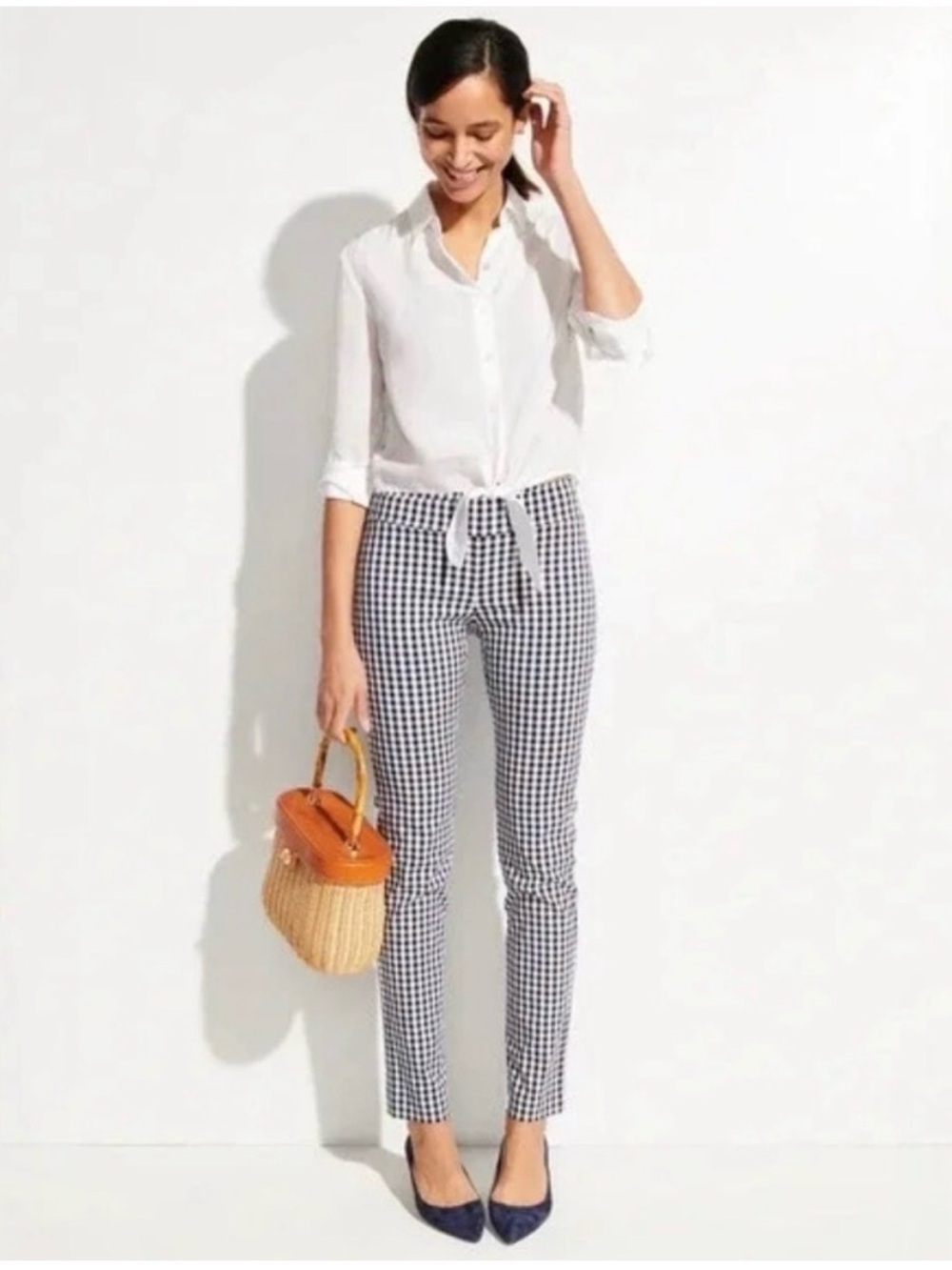 J McLaughlin Gingham Straight Leg Pants in Navy and White